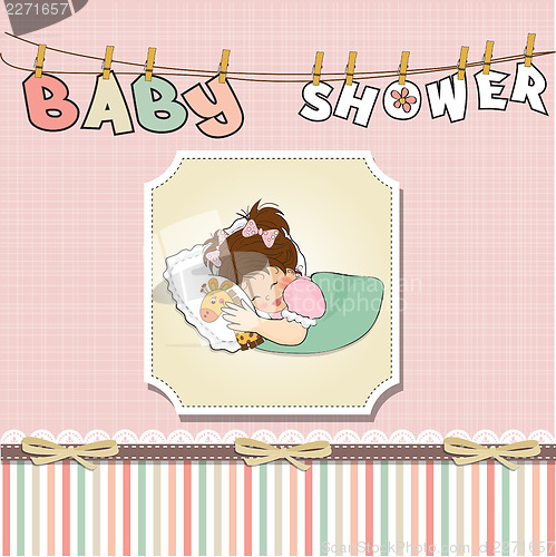 Image of baby shower card with little girl and her toy