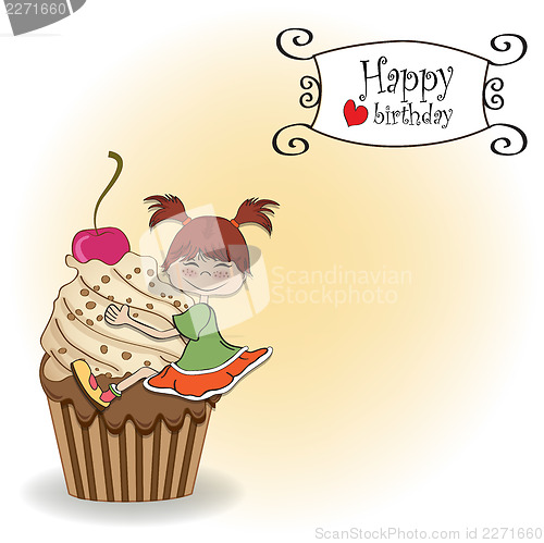 Image of birthday card with funny girl perched on cupcake
