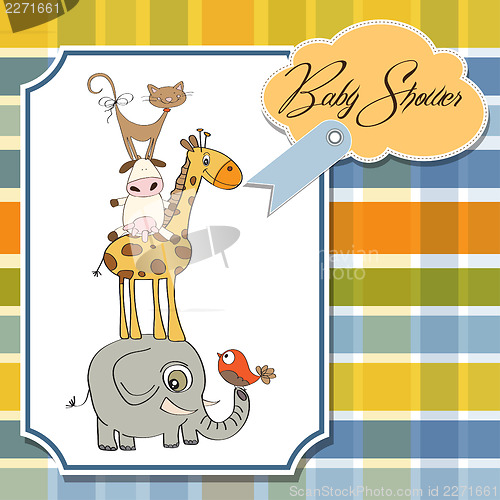 Image of baby shower card with funny pyramid of animals