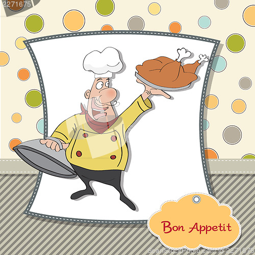 Image of funny cartoon chef with tray of food in hand