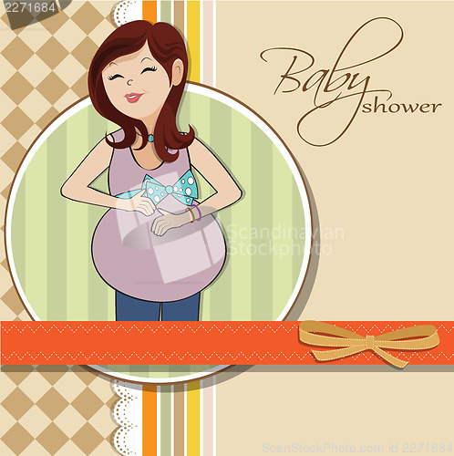 Image of happy pregnant woman, baby shower card