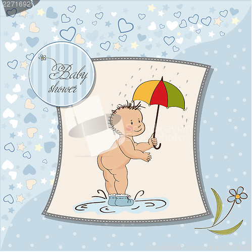 Image of baby boy shower card with funny baby under his umbrella