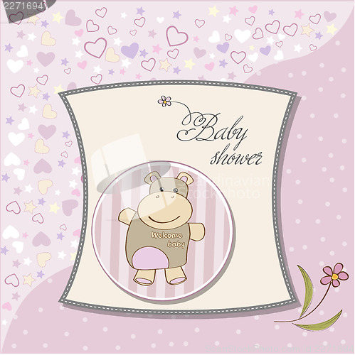 Image of childish baby girl announcement card with hippo toy