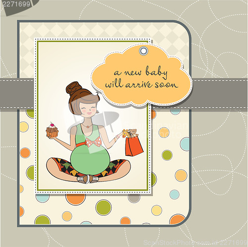 Image of baby announcement card with pregnant woman