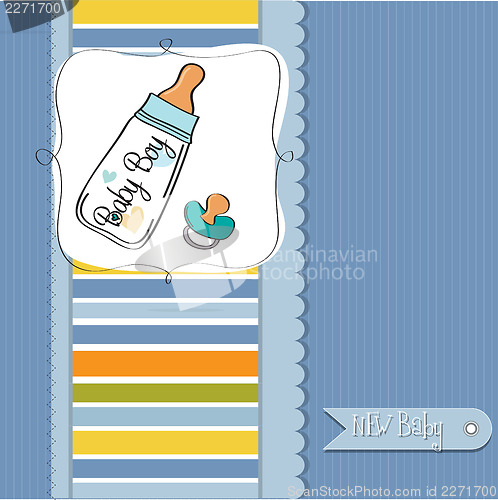 Image of baby announcement card with milk bottle and pacifier