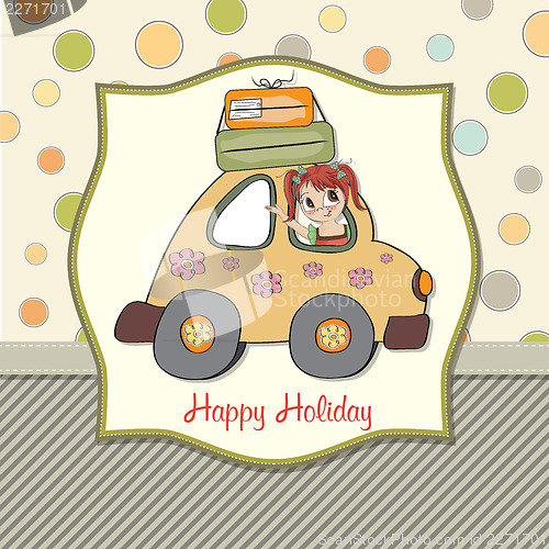 Image of happy woman going on holiday by car
