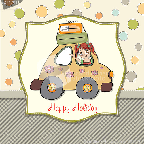 Image of happy woman going on holiday by car