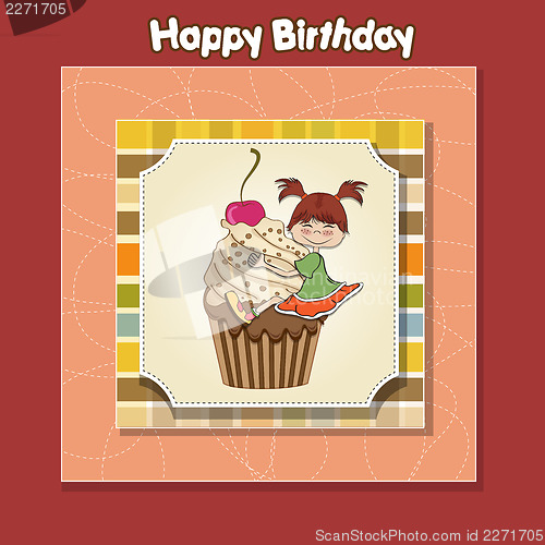 Image of birthday card with funny girl perched on cupcake