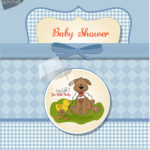 Image of baby shower card with dog and duck toy