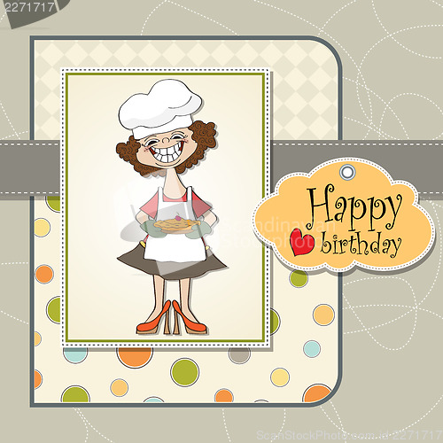 Image of birthday greeting card with funny woman and pie