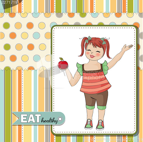 Image of pretty young girl recommends healthy food