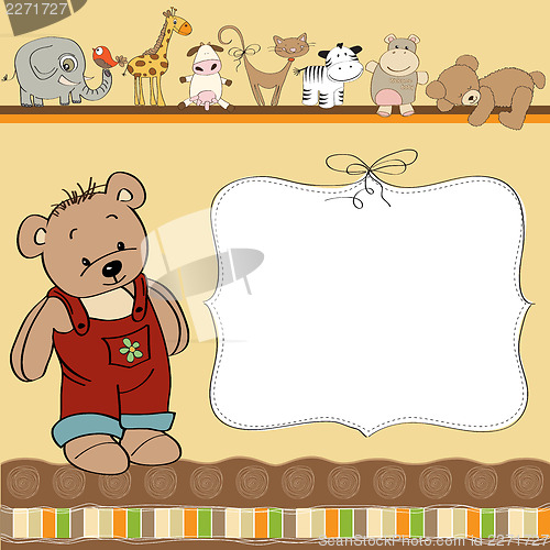 Image of customizable childish card with funny teddy bear