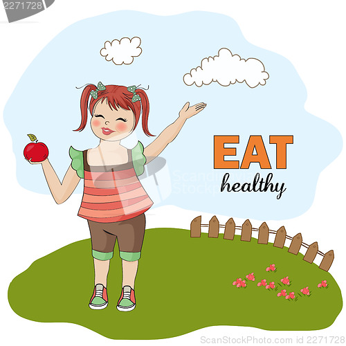 Image of pretty young girl recommends healthy food