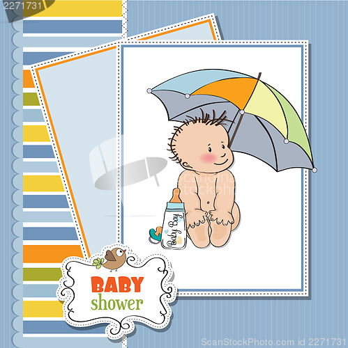 Image of baby boy shower card with funny baby under his umbrella