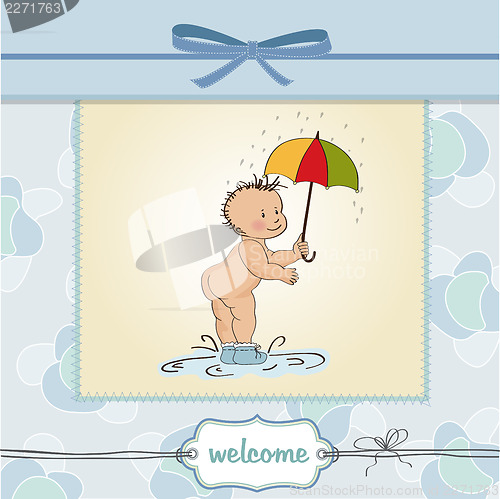 Image of baby boy shower card with funny baby under his umbrella