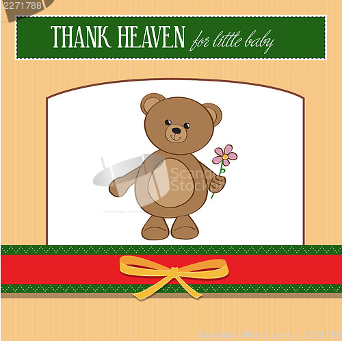 Image of baby shower card with teddy bear toy