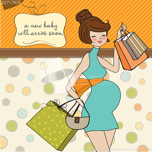 Image of baby announcement card with beautiful pregnant woman on shopping