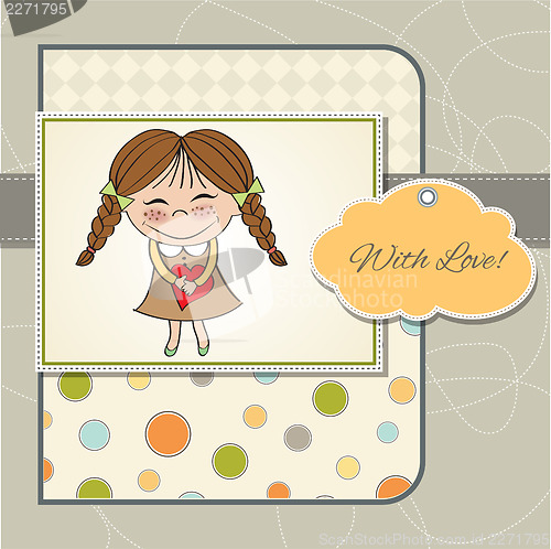 Image of Funny girl with hearts. Doodle cartoon character.