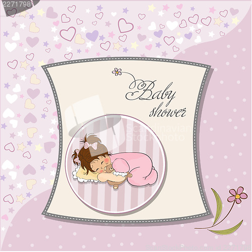Image of baby shower card with little baby girl play with her teddy bear 