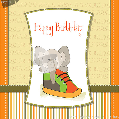 Image of happy birthday card with an elephant hidden in a shoe