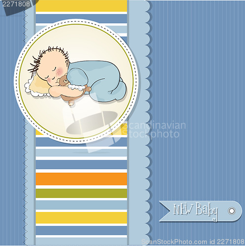 Image of baby shower card with little baby boy sleep with his teddy bear 