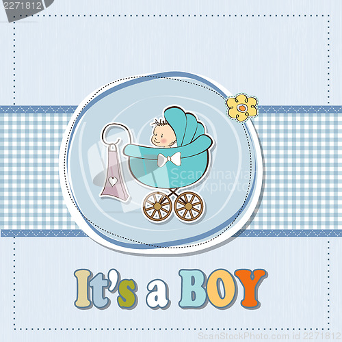 Image of baby boy announcement card with baby and pram