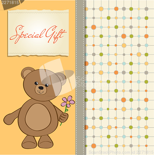 Image of happy birthday card with teddy bear and flower