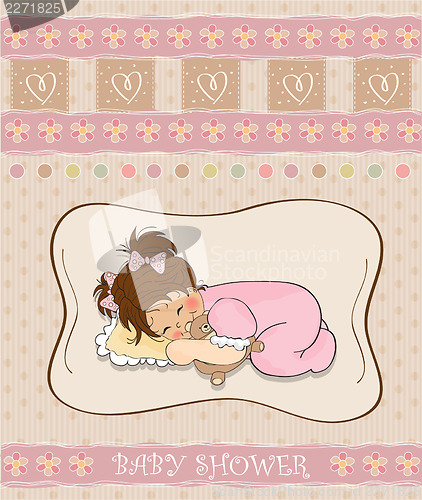 Image of baby shower card with little baby girl play with her teddy bear 