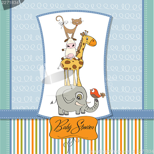 Image of baby shower card with funny pyramid of animals