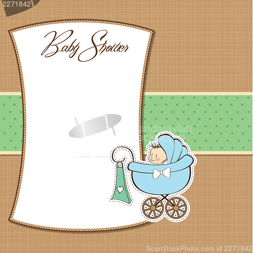 Image of baby boy announcement card with baby and pram