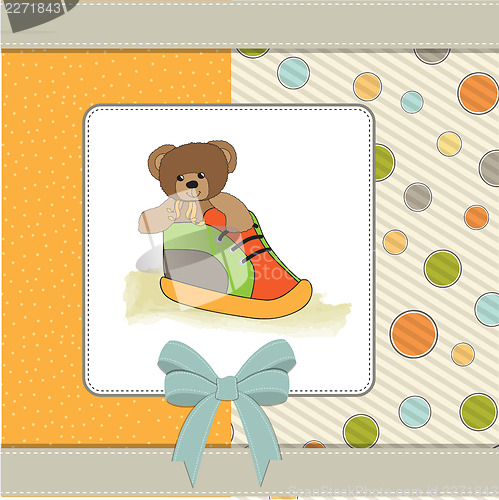 Image of shower card with teddy bear hidden in a shoe