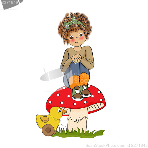 Image of pretty young girl sitting on a mushroom