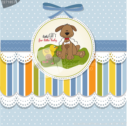 Image of baby shower card with dog and duck toy