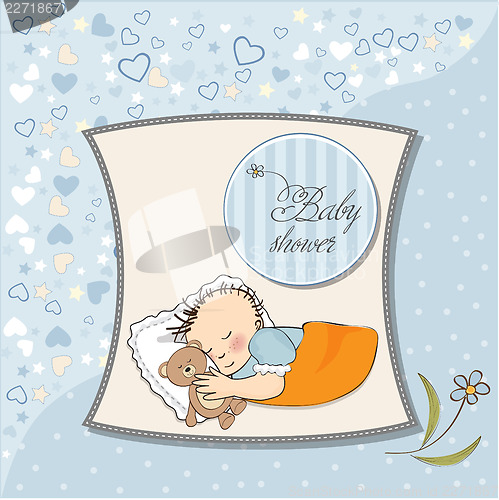 Image of baby shower card with little baby boy sleep with his teddy bear 