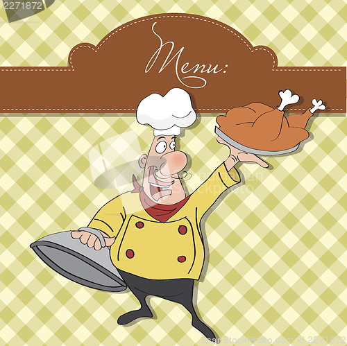 Image of funny cartoon chef with tray of food in hand