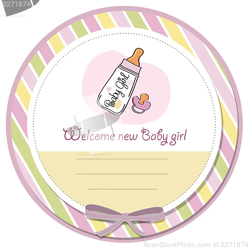 Image of new baby girl announcement card with milk bottle and pacifier