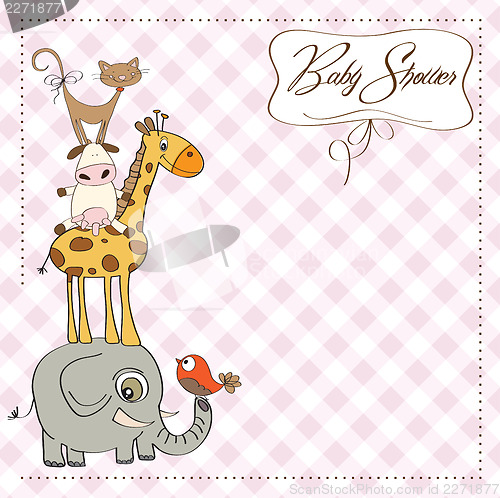 Image of baby shower card with funny pyramid of animals