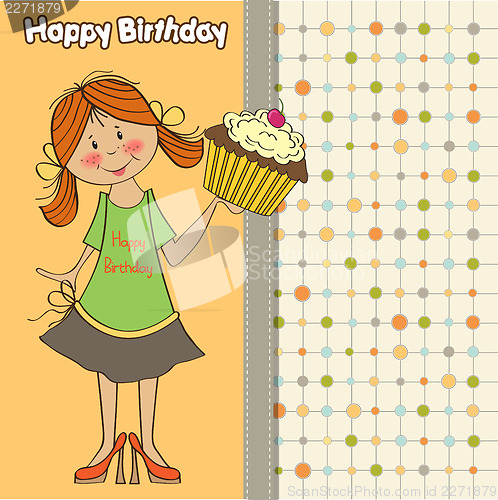 Image of birthday greeting card with girl and big cupcake