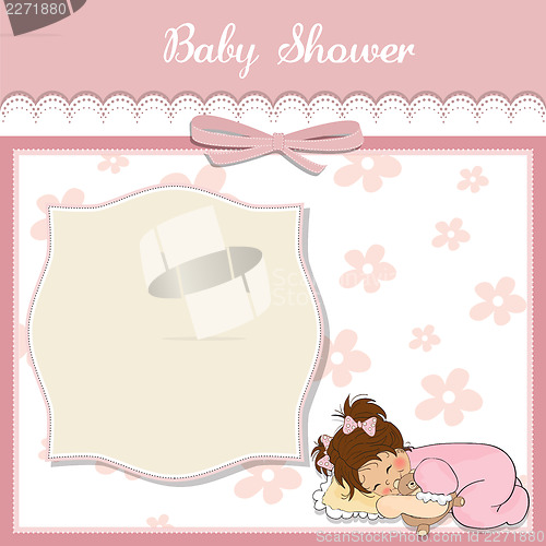 Image of baby shower card with little baby girl play with her teddy bear 