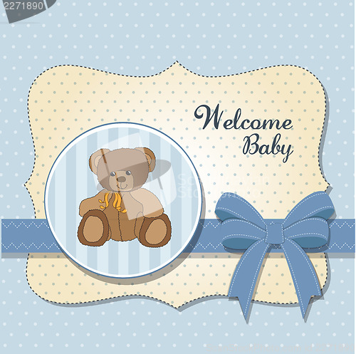 Image of new baby announcement card with teddy bear