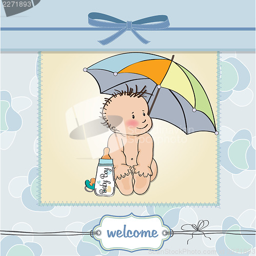 Image of baby boy shower card with funny baby under his umbrella