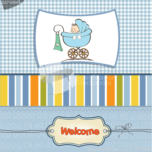 Image of baby boy announcement card with baby and pram