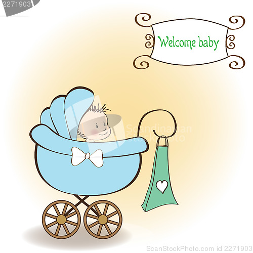 Image of baby boy announcement card with baby and pram