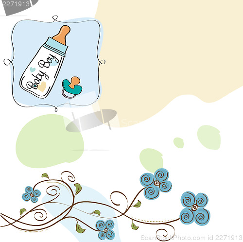 Image of baby announcement card with milk bottle and pacifier