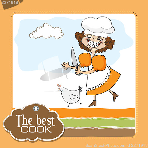 Image of the best cook certificate with funny cook who runs a chicken