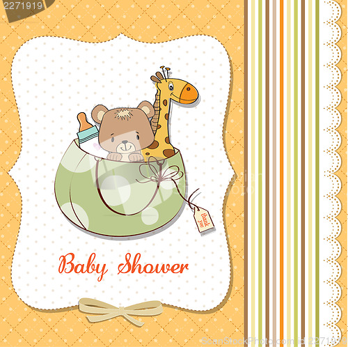 Image of new baby announcement card with bag and same toys