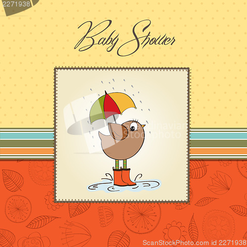 Image of baby shower card with little bird stand in the rain