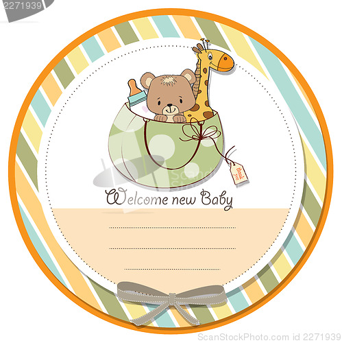 Image of new baby announcement card with bag and same toys