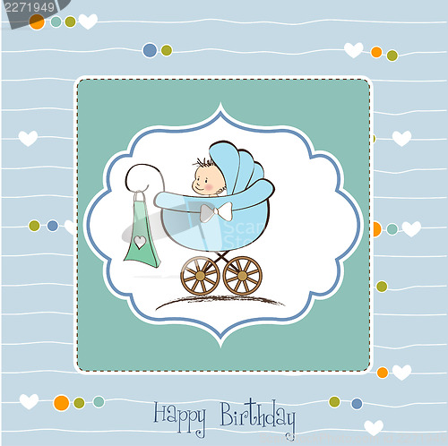 Image of baby boy announcement card with baby and pram