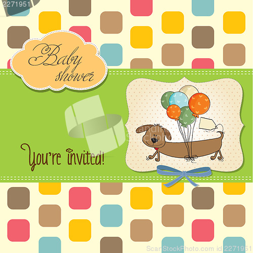 Image of baby shower card with long dog and balloons